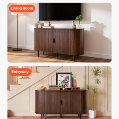 Coffee Bar Cabinet, Mid Century Fluted Coffee Bar Table, Buffet Stand Cabinet With 2 Sliding Doors, Sideboard Buffet Station For Living Room, Entryway, Kitchen, 55.1 X 15.7 X 29.5 In, Walnut