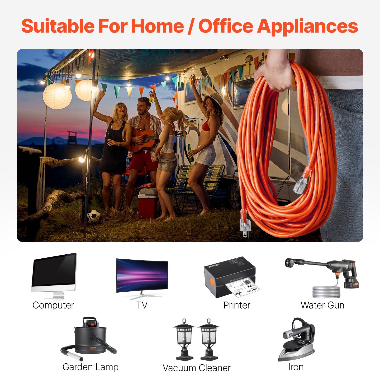 100FT Heavy Duty Extension Cord 16AWG 10A 1250W 3 Prongs With Lighted End - Image 2