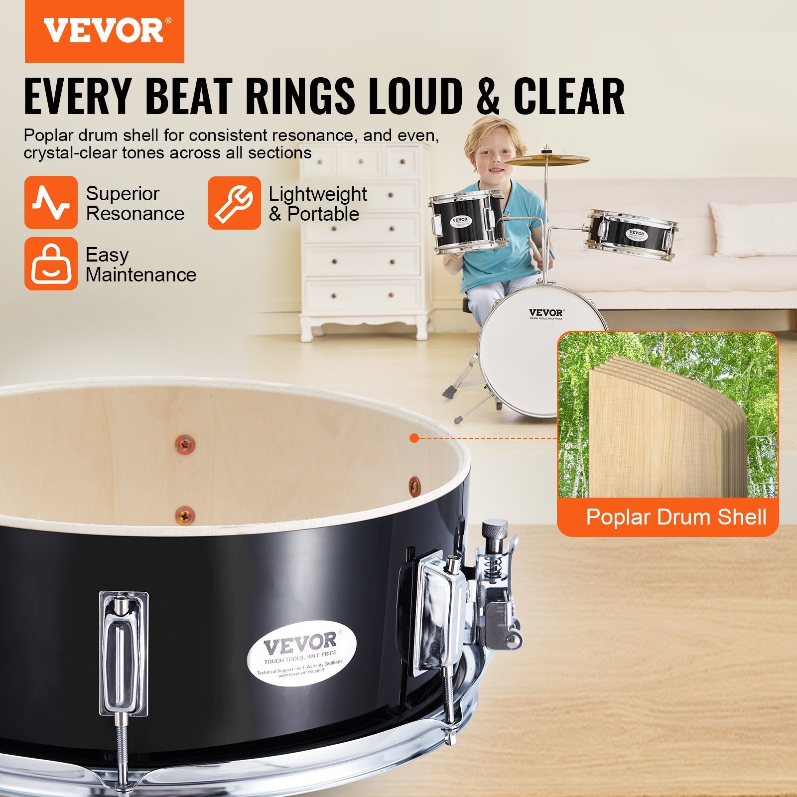 Kids Drum Set, 3-Piece, 14 In Beginner Drum Set With Adjustable Throne Cymbal Pedal Two Pairs Of Drumsticks, 8'' Tom Drum 10'' Snare Drum 14'' Bass Drum, Starter Drum Kit For Child Kids, Black - Image 2