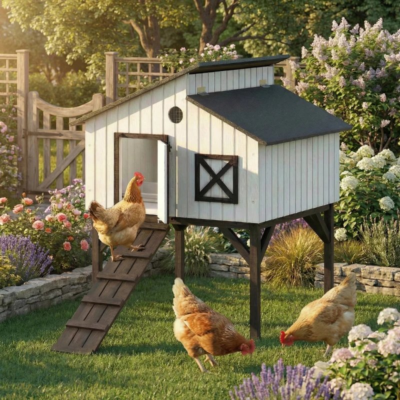 PawHut Chicken Coop Hen House With Nesting Box, Elevated Rabbit Hutch With Ramp, Asphalt Openable Roof And Elevated Legs - Image 6