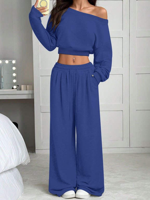 Women's Fashion Slim-fit Off-the-shoulder Navel Solid Color Casual Pants Suit - Image 5