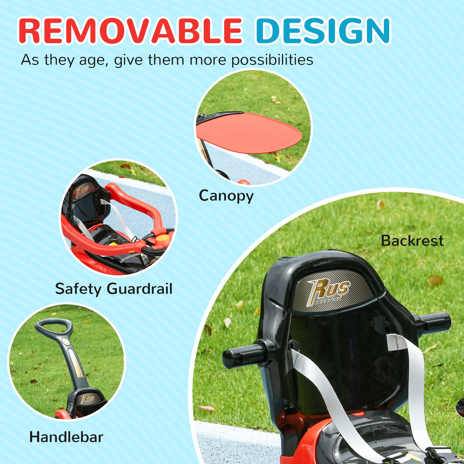 3 In 1 Push Car Sliding Car With Removable Handle, Music, Horn, Canopy, Safety Guardrail, Red - Image 4