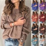 Long Sleeve Round Neck Button Knit T-shirt