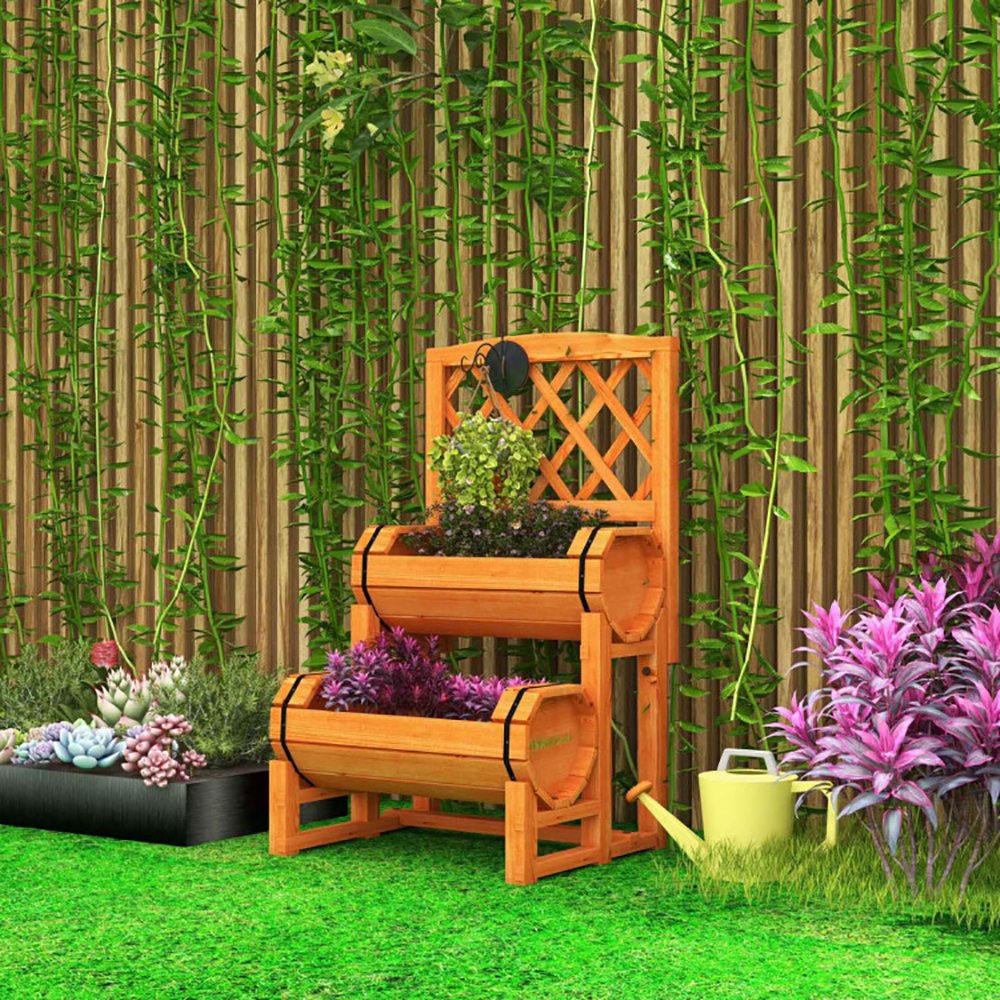Wooden 2-Tier Raised Garden Bed With 2 Cylindrical Planter Boxes And Trellis - Image 2