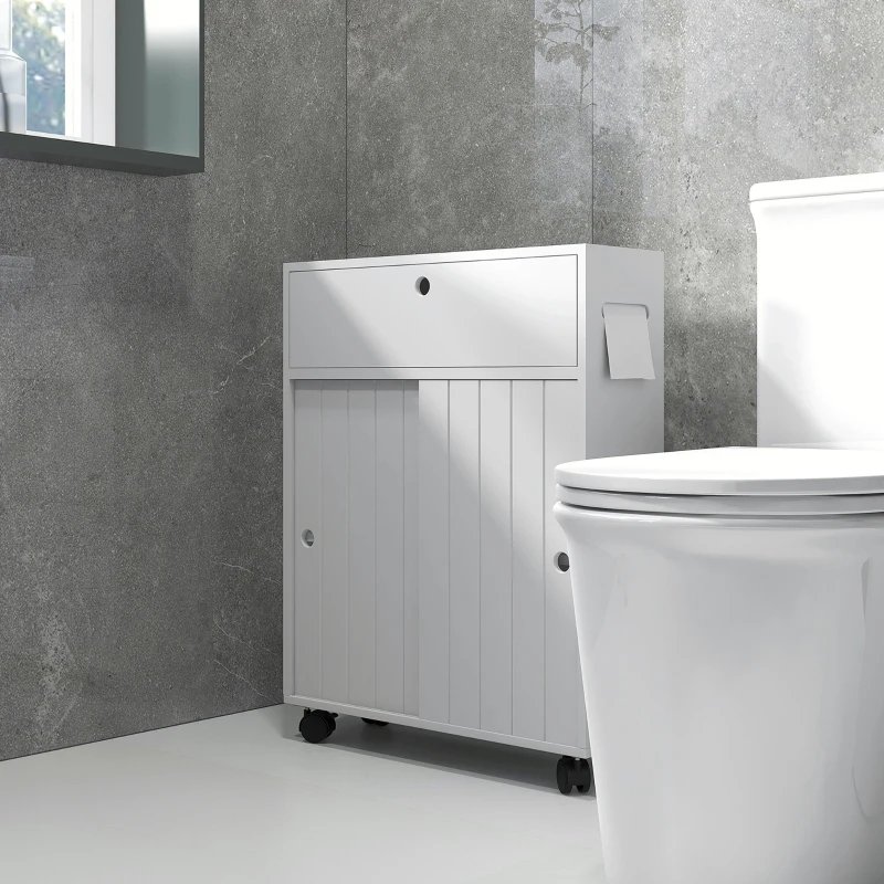 Kleankin Toilet Paper Cabinet, Slim Bathroom Cabinet With 4 Rolling Wheels, Small Bathroom Storage Cabinet With Paper Holes, Sliding Doors And Adjustable Shelf For Small Space, White - Image 4