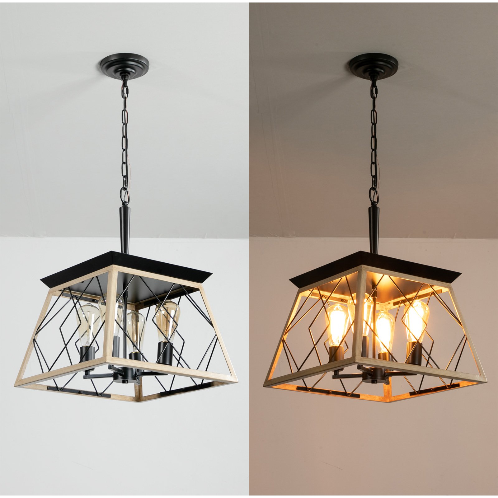 16in Oak Industrial 4-Light Pendant Chandelier, Modern Metal Cage Design, Adjustable Hanging Light For Dining Room, Kitchen, Living Room -No Bulbs - Image 9