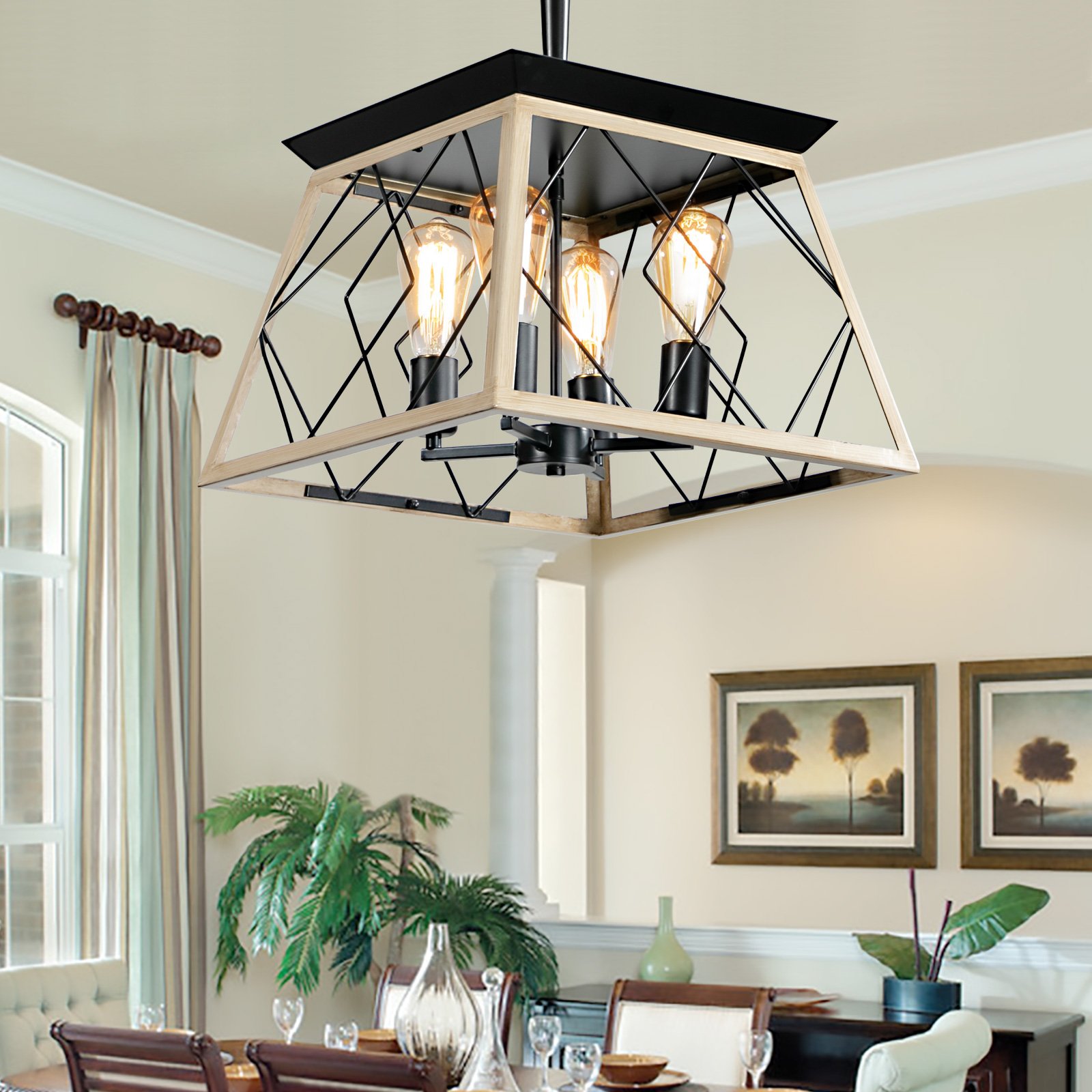 16in Oak Industrial 4-Light Pendant Chandelier, Modern Metal Cage Design, Adjustable Hanging Light For Dining Room, Kitchen, Living Room -No Bulbs - Image 2