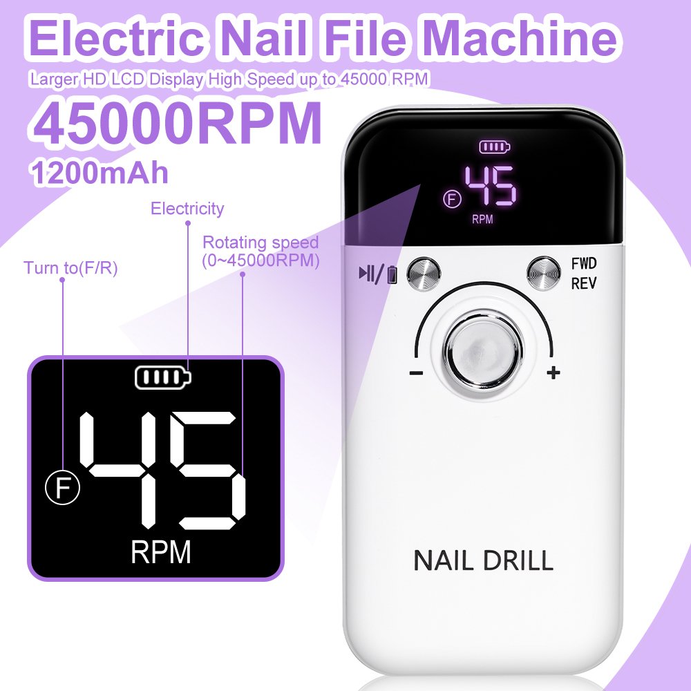 Electric Nail Drill Professional 45000RPM - Rechargeable Nail Drill Kit Portable Electric Nail File With Complete Bits For Acrylic Nails Gel Polishing Removing - Image 3