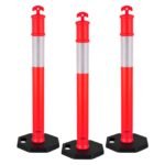 3 Pack Traffic Delineator Posts, 48 Inches Traffic Safety Cones With Weighted Base And Reflective Strips, Heavy Duty Delineator Posts For Construction Site, Parking Lot, Crowd Control, Red