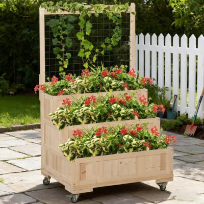 3-Tiers Raised Garden Bed With Trellis, 53'' H Vertical Planter Box With Wheels & Back Storage Area, For Flowers, Vegetables, Herbs, Natural, TIKTOK Prohibits Sales
