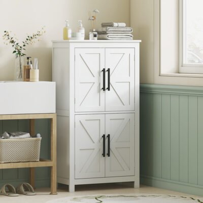 Bathroom Floor Storage Cabinet, Farmhouse Bathroom Cabinet With 4 Doors And Adjustable Shelf, White