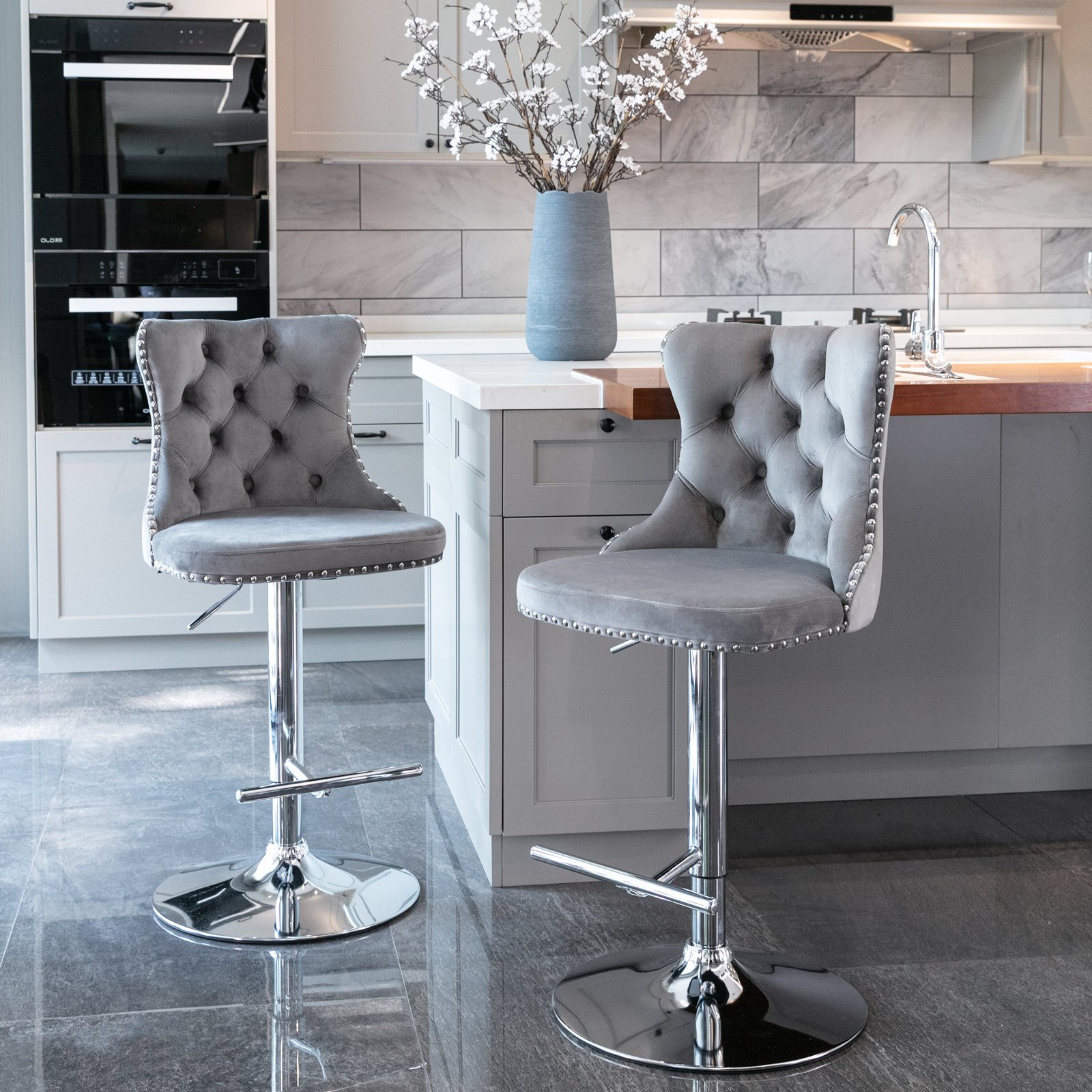 Swivel Velvet Barstools Adjusatble Seat Height From 25-33 Inch, Chrome Base Bar Stools With Backs Comfortable Tufted For Home Pub And Kitchen Island,Set Of 2, AS1712GY, Gray