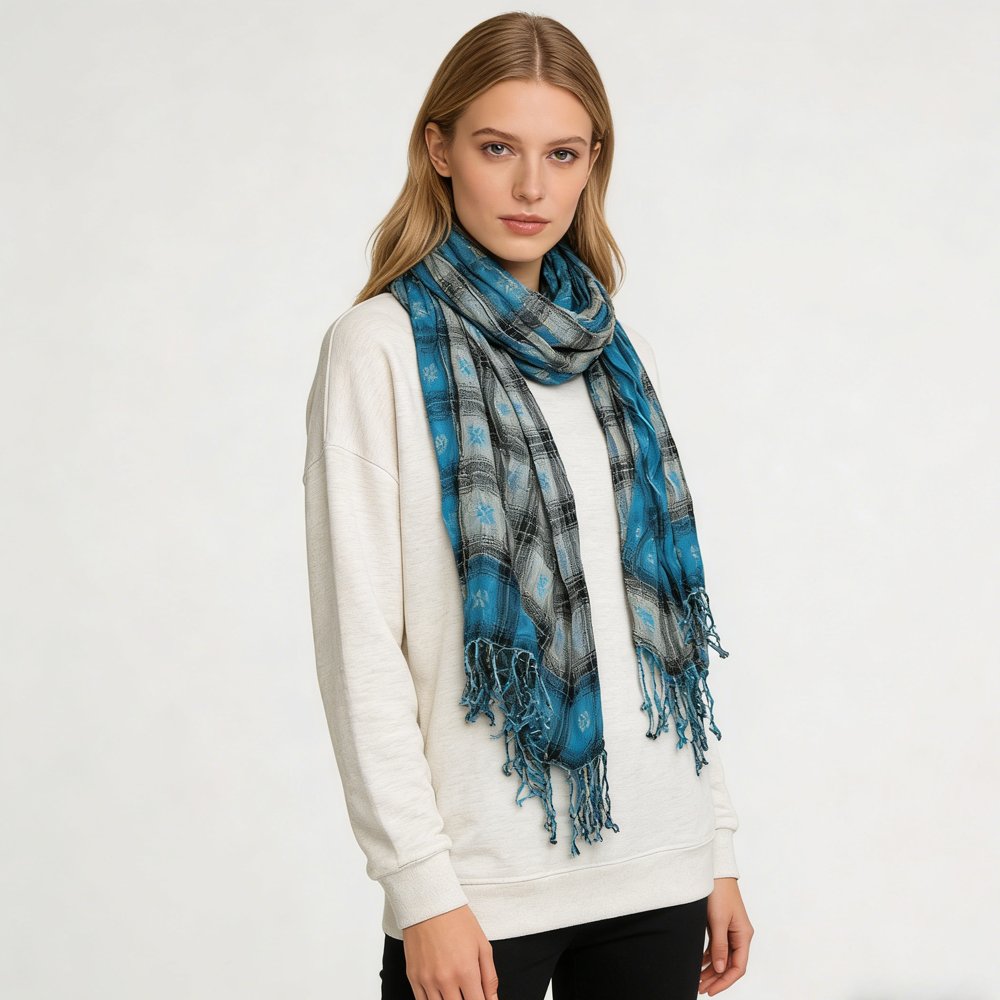 Turquoise Jacquard Crinkle Scarf - Extra Long Scarf 75inchx27inch