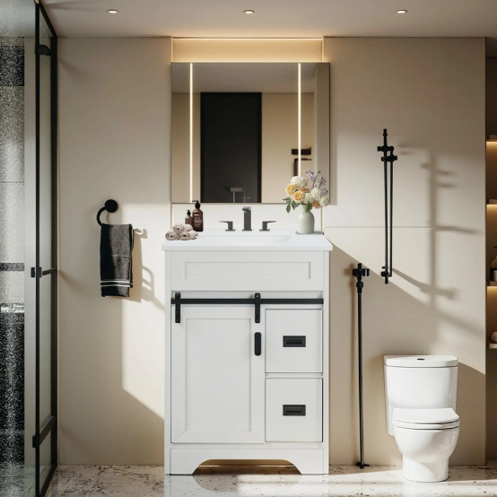 24 Bathroom Vanity With Single Sink Combo, Farmhouse Undermount Bathroom Sink Cabinet With Sliding Barn Doors And 2 Drawers, Freestanding Bathroom Vanities,White - Image 3
