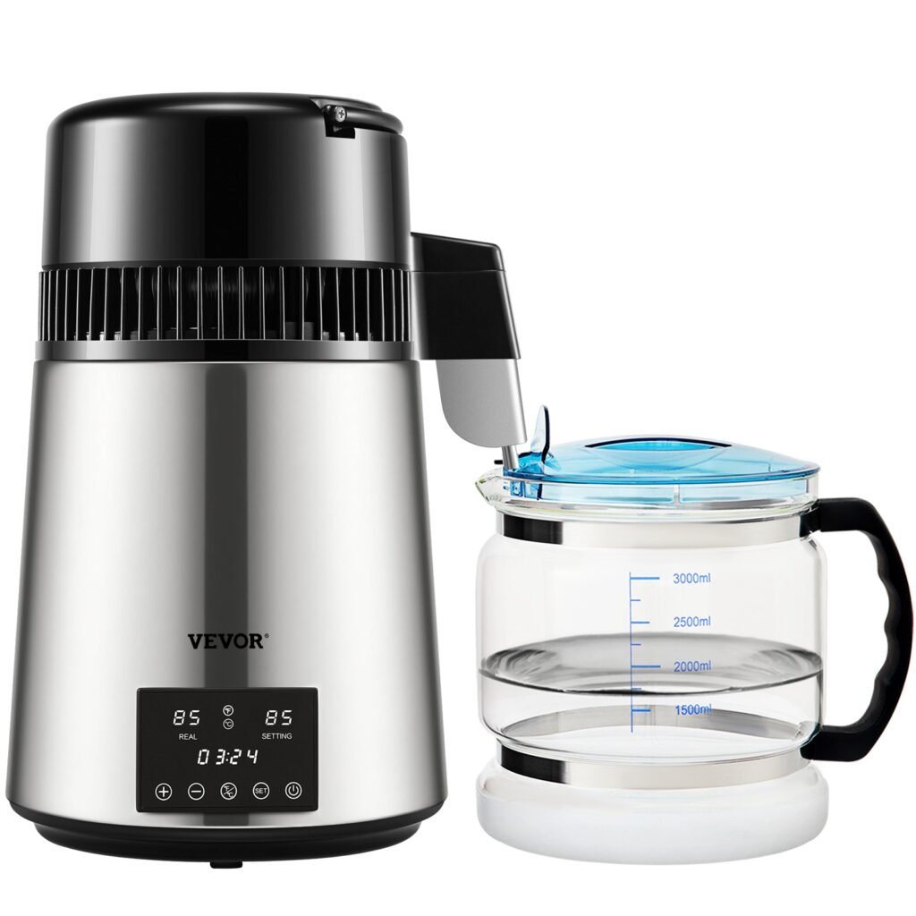 1.1Gal Water Distiller, 0.3Gal/H, 750W Distilled Water Maker Machine 0-99H Timing Dual Temp Display, 304 Stainless Steel Countertop Distiller Glass Carafe Cleaning Powder 3 Carbon Packs, Silver —