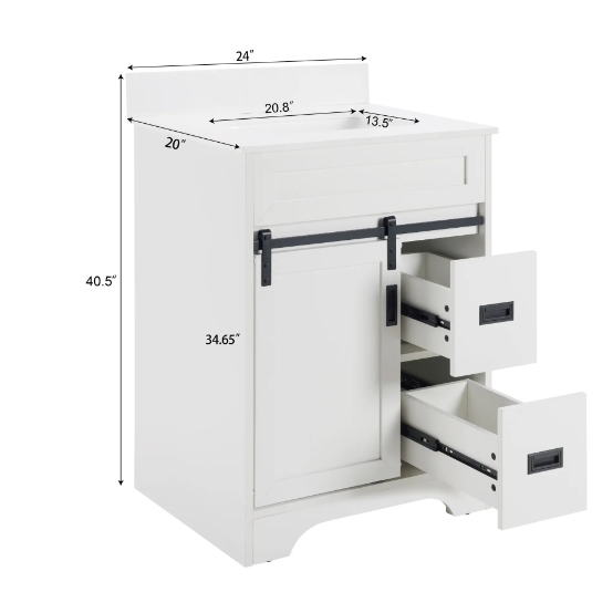 24 Bathroom Vanity With Single Sink Combo, Farmhouse Undermount Bathroom Sink Cabinet With Sliding Barn Doors And 2 Drawers, Freestanding Bathroom Vanities,White - Image 11