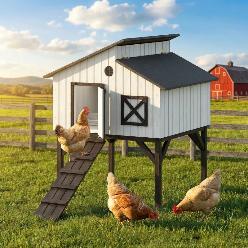PawHut Chicken Coop Hen House With Nesting Box, Elevated Rabbit Hutch With Ramp, Asphalt Openable Roof And Elevated Legs - Image 8