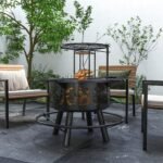 Wood Burning Fire Pit, Charcoal BBQ Grill, Portable Firepit With Cooking Grate, Pan, And Poker, 33", Black
