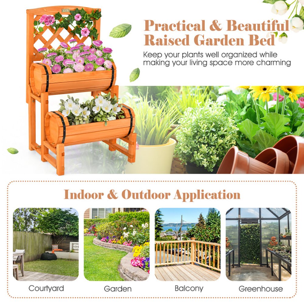 Wooden 2-Tier Raised Garden Bed With 2 Cylindrical Planter Boxes And Trellis - Image 4