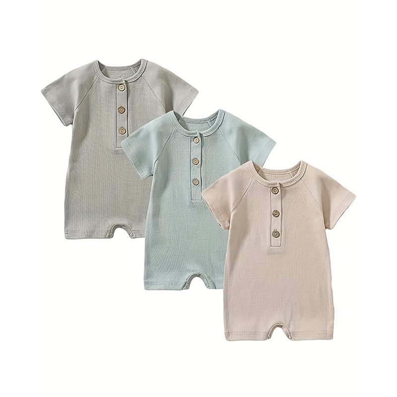 3-Pack Baby Boys One-Piece Romper Set, Long Sleeve Ribbed Button Jumpsuit - Image 2