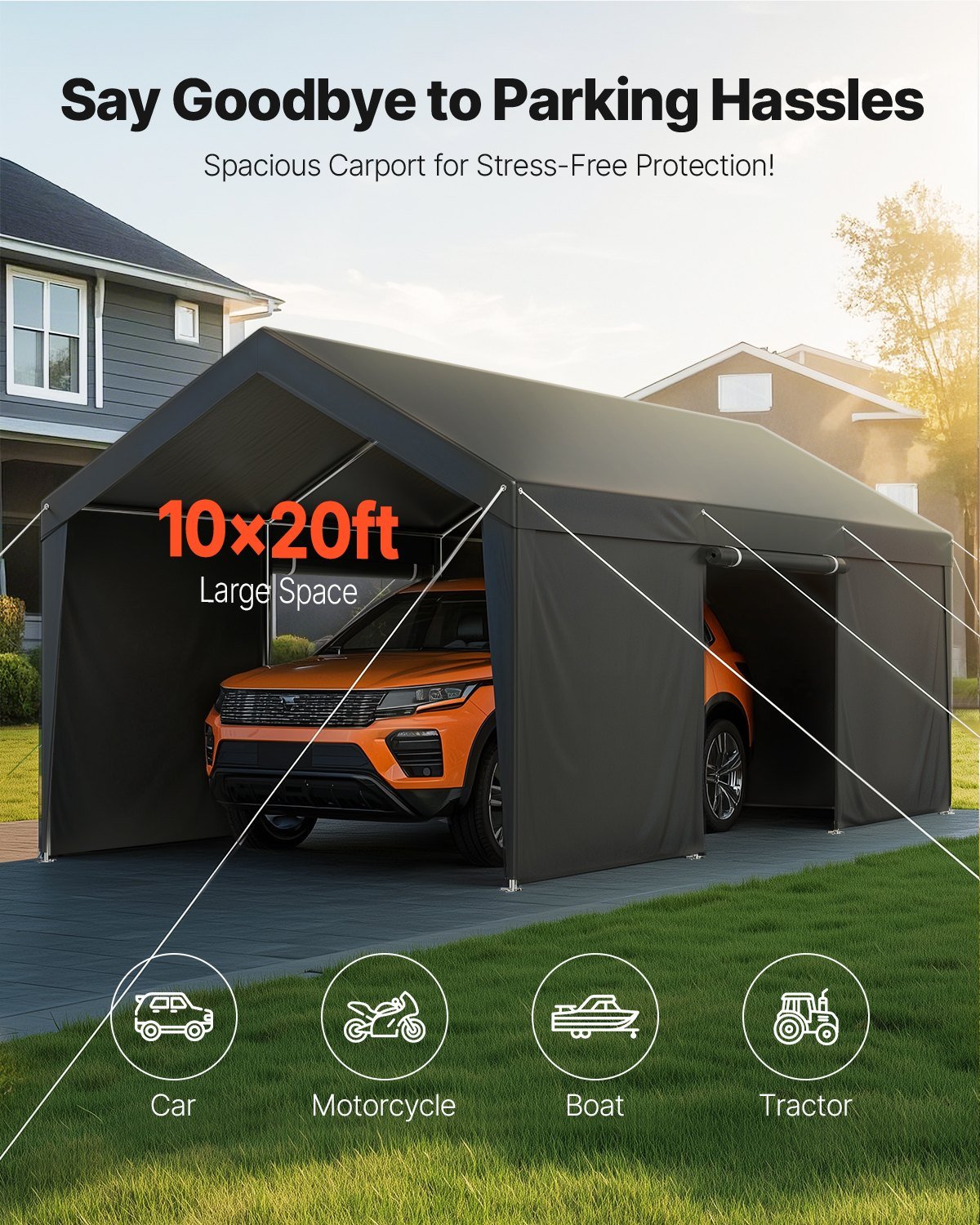 Carport, 10 X 20 FT Outdoor Car Canopy, Potable Carport With Removable Sidewalls & Door, Heavy Duty Car Shelter, UV-Resistant & Water-Resistant, All-Season Protection For Automobile Boat Grey - Image 2