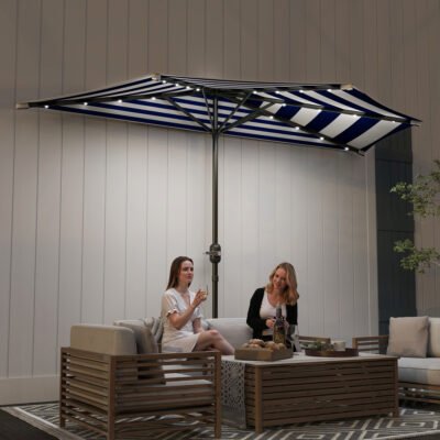 Half Umbrella Outdoor Patio Umbrella, UPF 30+ Small Balcony Umbrella, Vented Half Patio Umbrella With Crank 8 Ribs, Porch Umbrella For Garden Deck Poolside, Navy Blue