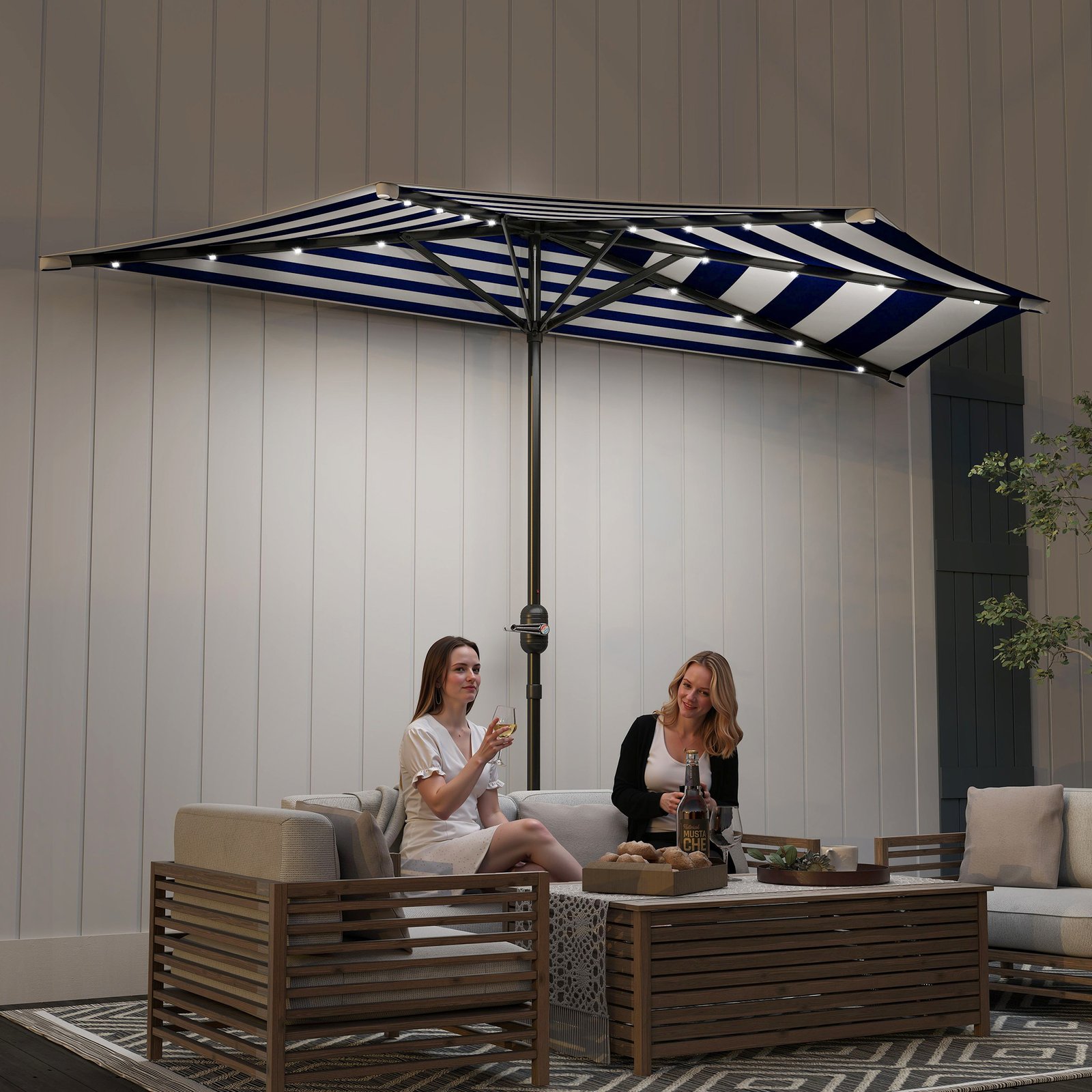 Half Umbrella Outdoor Patio Umbrella, UPF 30+ Small Balcony Umbrella, Vented Half Patio Umbrella With Crank 8 Ribs, Porch Umbrella For Garden Deck Poolside, Navy Blue