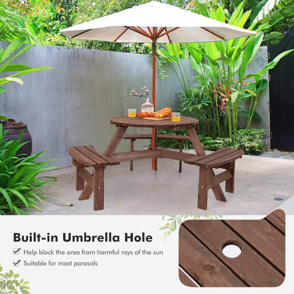6 Person Wooden Picnic Table Set With Bench And Umbrella Hold - Image 8