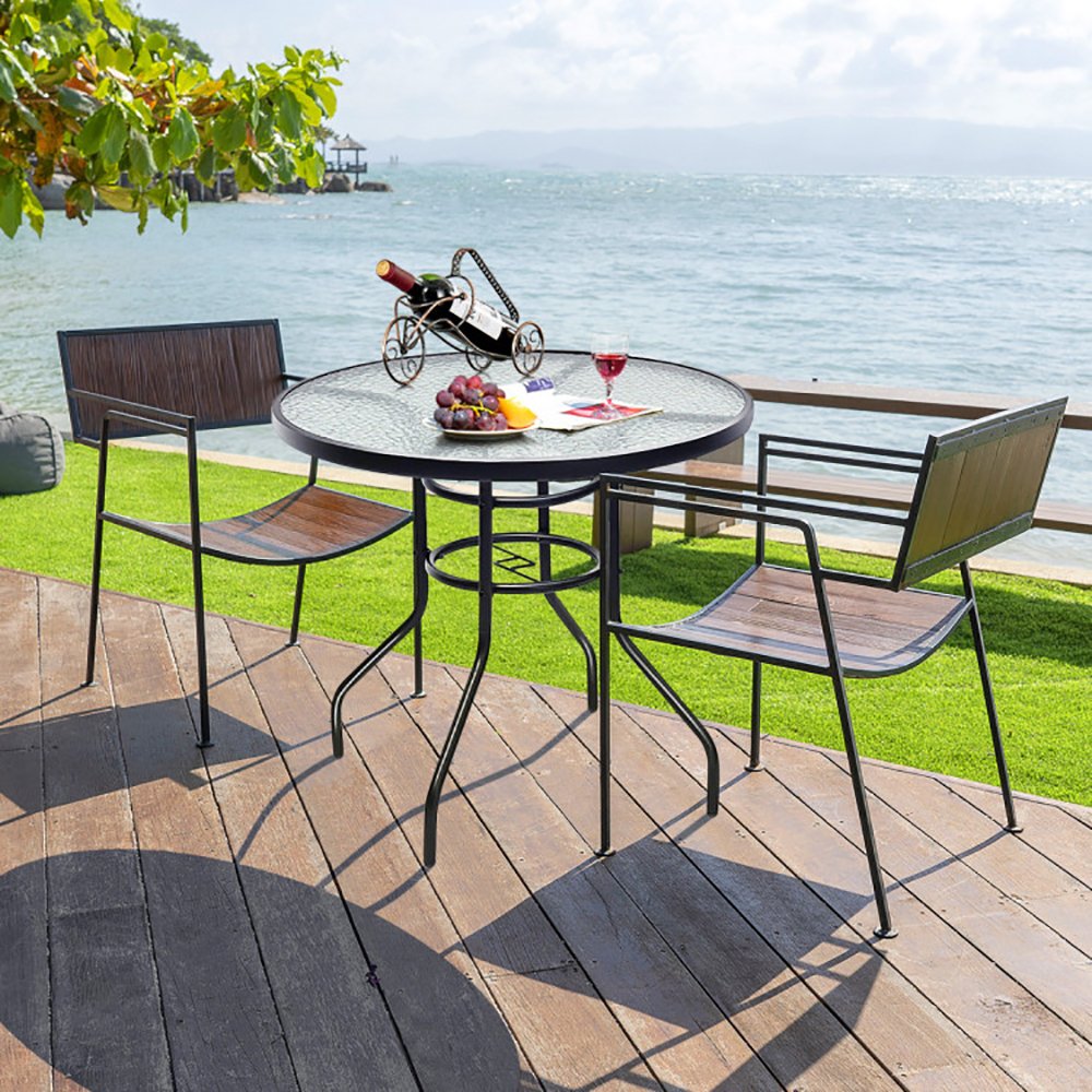 32 Inch Patio Tempered Glass Steel Frame Round Table With Convenient Umbrella Hole - Image 2