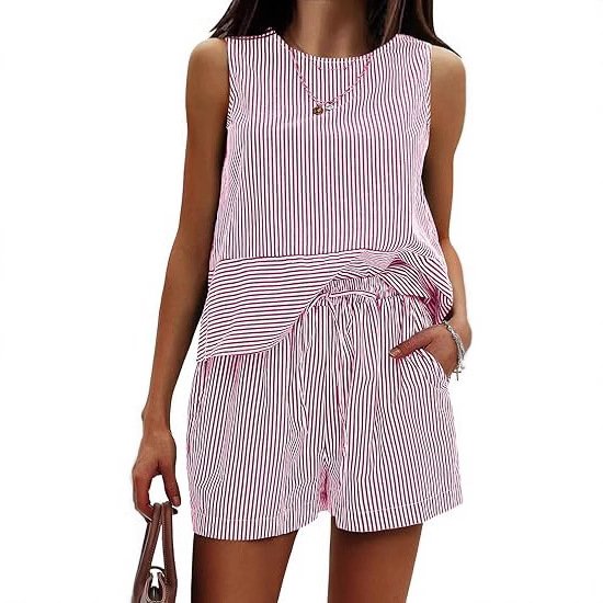 Vertical Striped Waist Round Neck Sleeveless Suit - Image 4