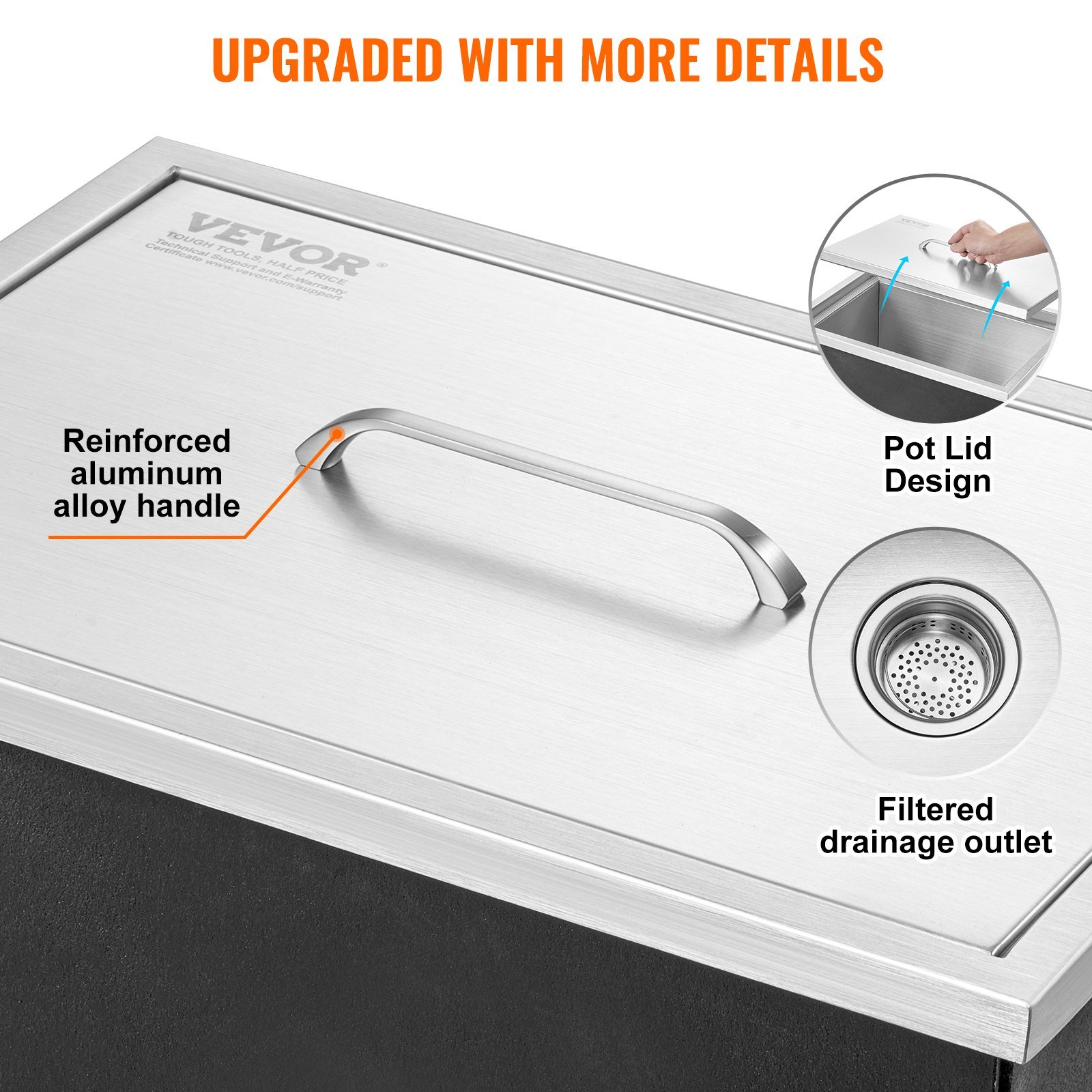 Drop In Ice Chest, 20'L X 14'W X 12'H Stainless Steel Ice Cooler, Commercial Ice Bin With Cover, 40 Qt Outdoor Kitchen Ice Bar, Drain-pipe And Drain Plug Included, For Cold Wine Beer - Image 5