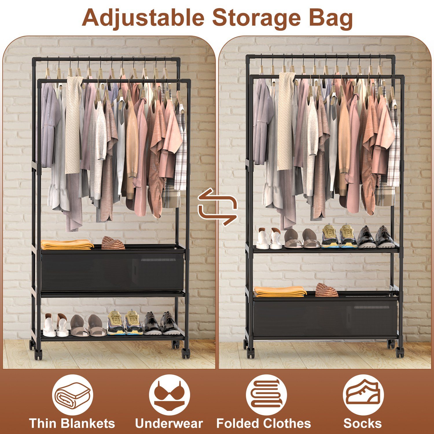1Pc Double Rods Garment Rack With Storage Bag Portable Clothing Rack With Shelves Lockable Wheels Small Portable Closet Storage Bag Height Adjustable - Image 8