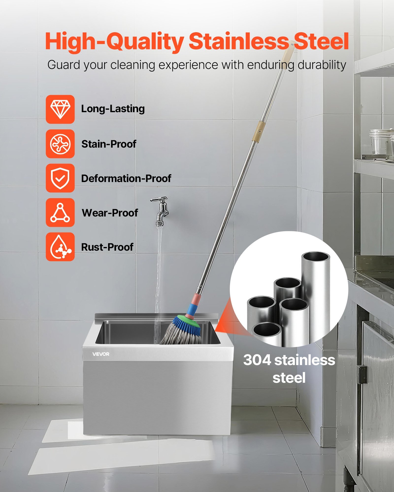 Stainless Steel Floor Mop Sink, 22 X 19 X 12 In, 304 Stainless Steel, With Backsplash, 3-in-1 Filter And Wall-Mounted Bracket, X-Shaped Groove For Quick Drainage, For Balcony And Bathroom - Image 4