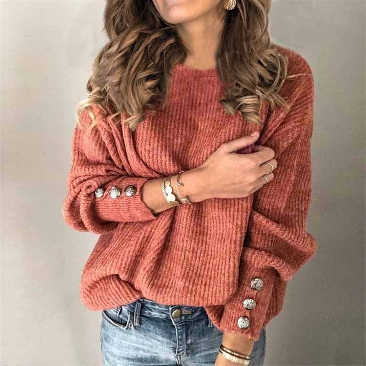 Long Sleeve Round Neck Button Knit T-shirt - Image 4