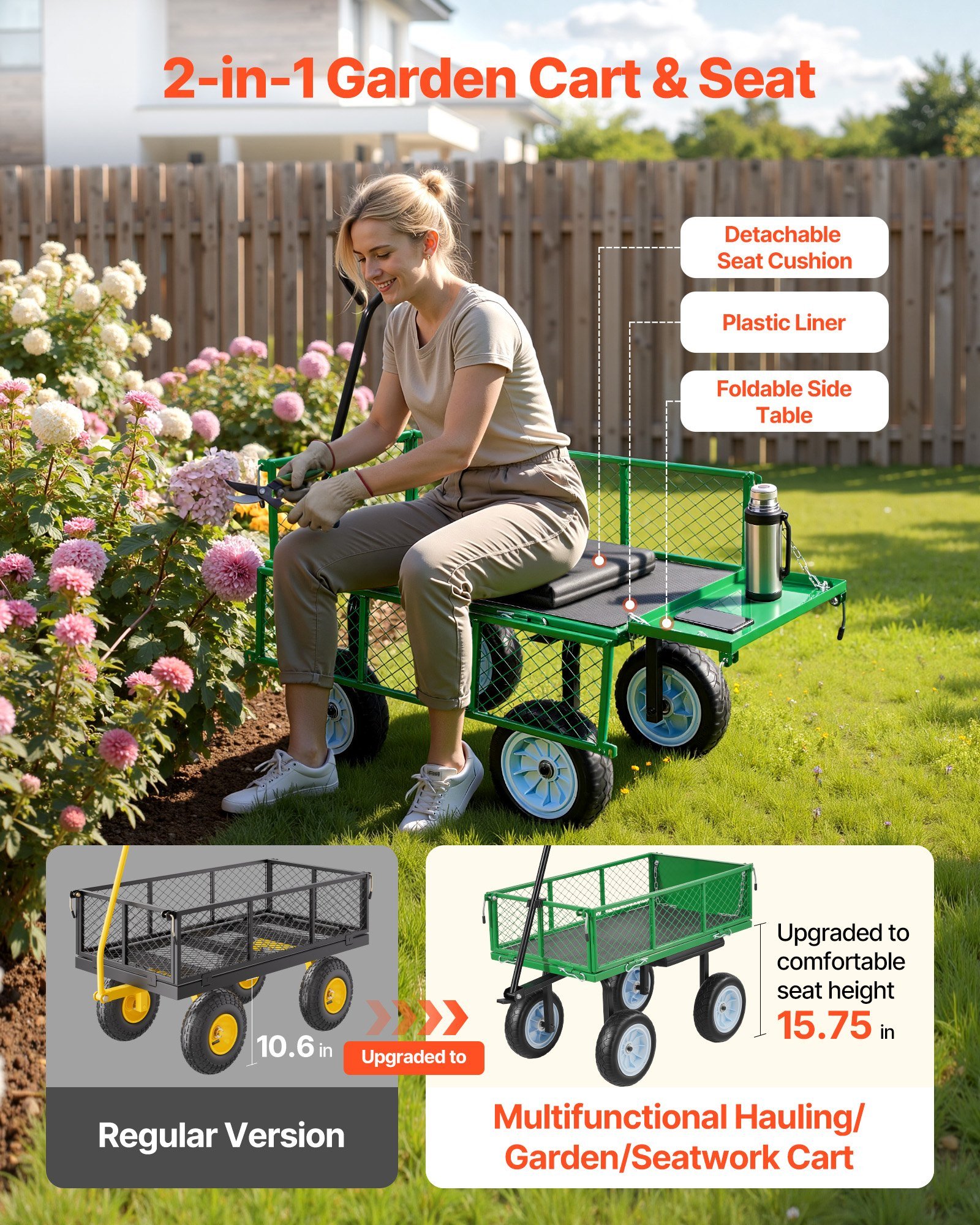Garden Cart With Seat, 500 LBS, Rolling Steel Garden Work Seat With Wheels, Heavy Duty Gardening Stool, With Tool Tray & Adjustable Handle, Outdoor Yard Wagon, For Lawn, Patio, Backyard, Green - Image 3