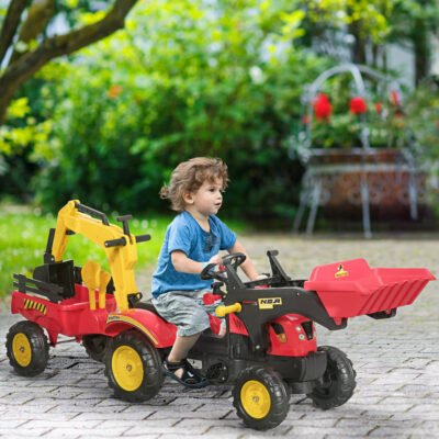 3 In1 Kids Ride On Excavator/Bulldozer, Pedal Car Digger Toy Move Forward/Back With 6 Wheels And Detachable Cargo Trailer
