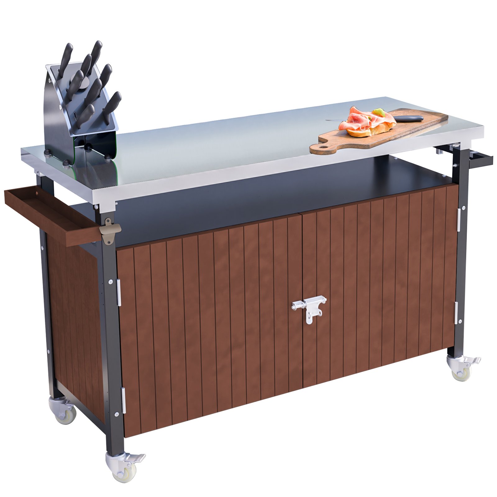 Outdoor Grill Cart With Stainless Steel Tabletop, Storage, Patio Kitchen Island With Wheels, Hooks, And Spice Rack, Waterproof Outdoor Grill Table, Movable BBQ Serving Cart Rolling Bar Cart - Image 15