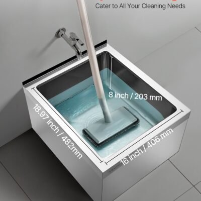 Stainless Steel Floor Mop Sink, 22 X 19 X 12 In, 304 Stainless Steel, With Backsplash, 3-in-1 Filter And Wall-Mounted Bracket, X-Shaped Groove For Quick Drainage, For Balcony And Bathroom