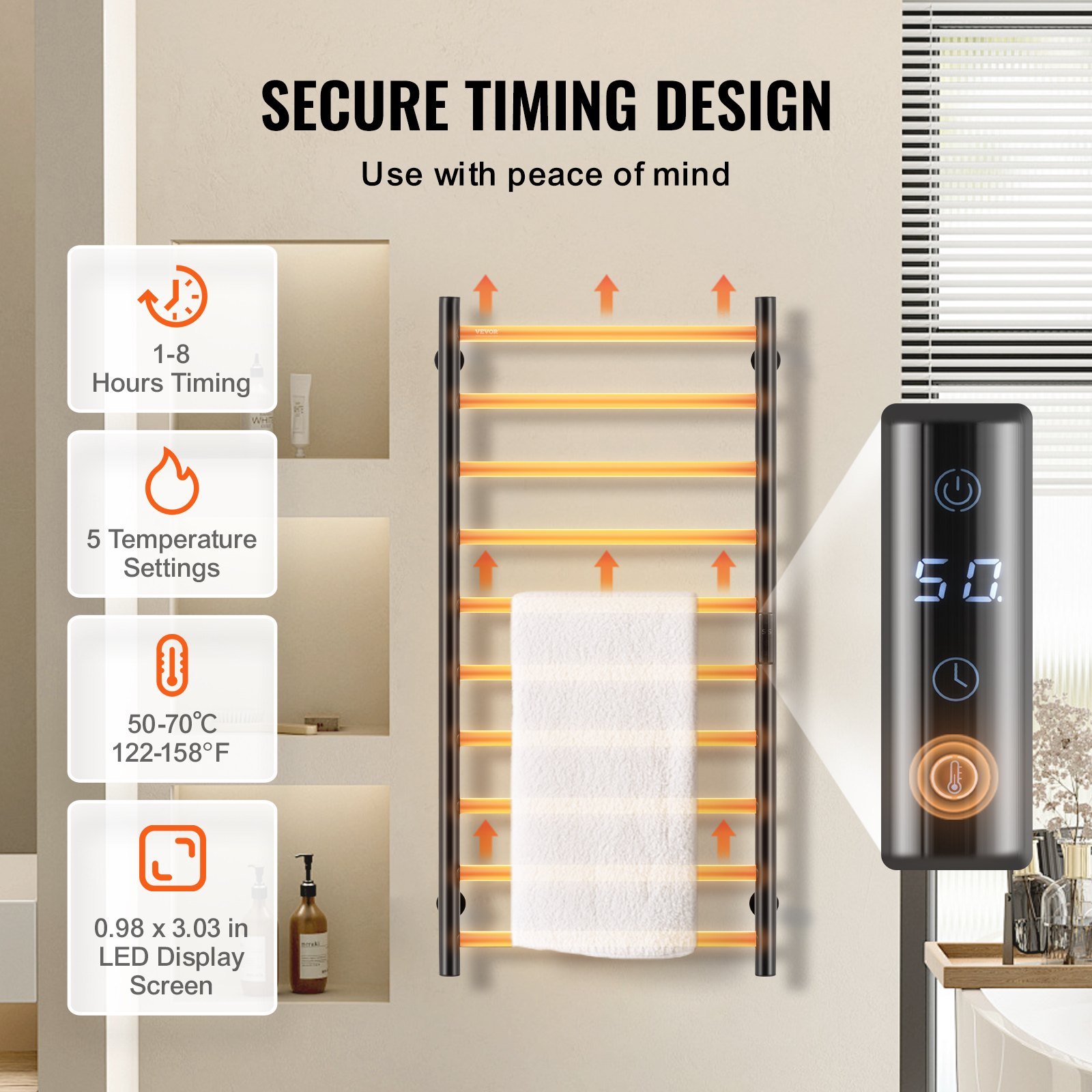 10-Bar Towel Warmer Rack Wall Mounted Heated Towel Rack For Bathroom Black - Image 3