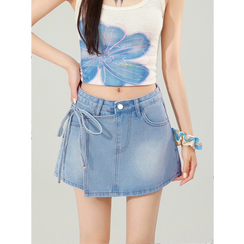 High-waisted Slimming Instagram-style Denim Skirt With Tie Details - Image 5