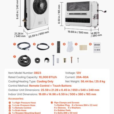 Truck Air Conditioner, 12V 10000 BTU Mini Split AC Unit, 400 M³/h Airflow Cab Air Conditioner, Fast Cooling Low Noise For Semi Truck, Camper, Construction Vehicle, Crane, Tractor, Excavator