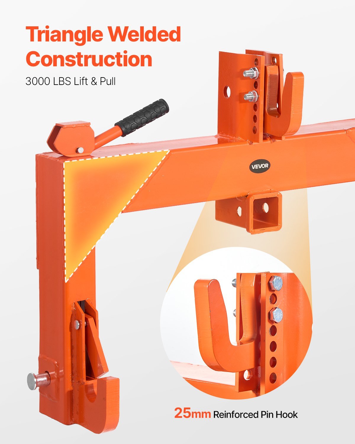 3-Point Quick Hitch With 2 In Receiver, 3000 Lbs Lift Capacity, 3-Pt Hitch With 5 Level Adjustable Bolt, Adaptation To Category 1 & 2 Tractor, Heavy Duty 3 Point Attachments, Orange - Image 4