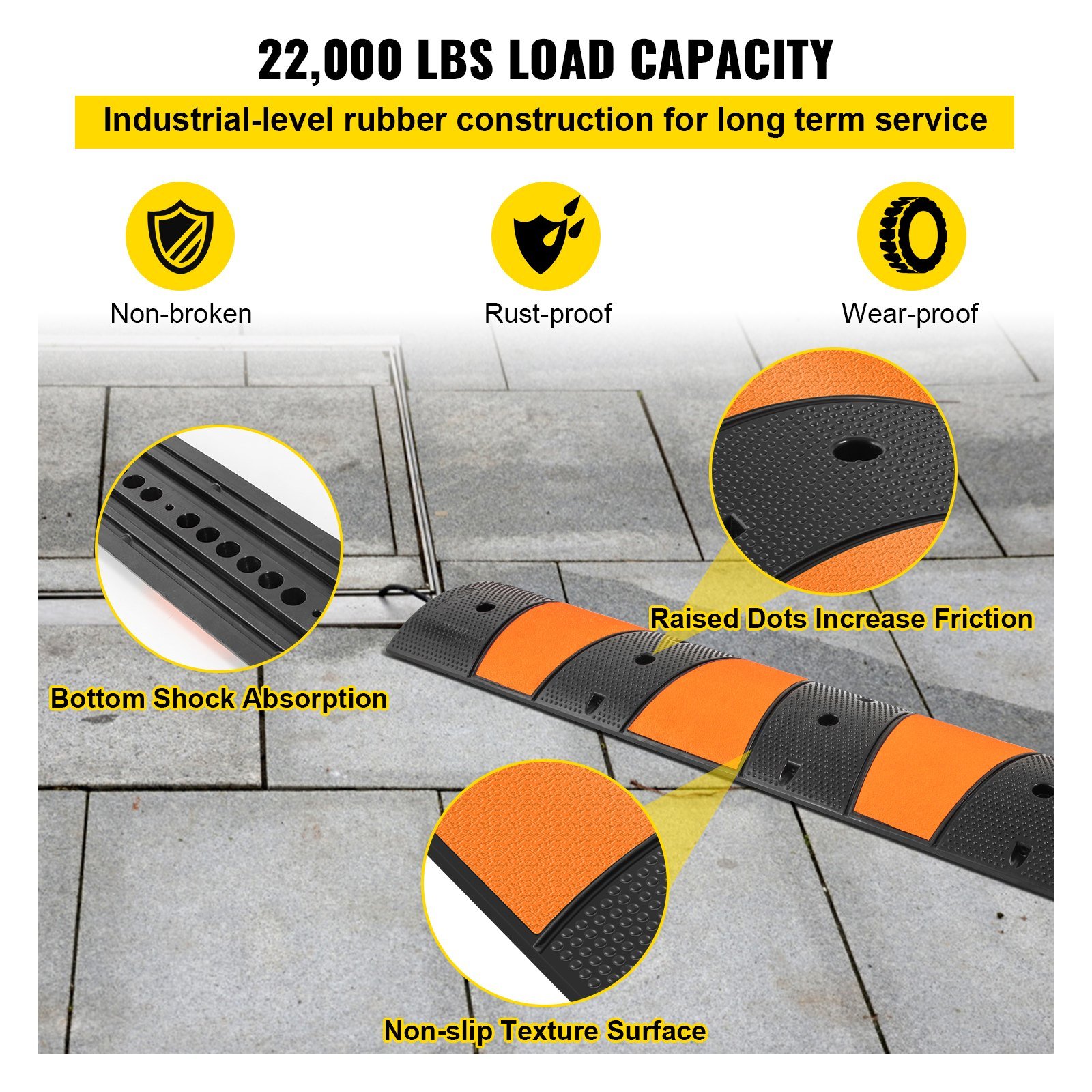 Rubber Speed Bump, 1 Pack 2 Channel Speed Bump Hump, 72 Long Modular Speed Bump Rated 22000 LBS Loading, 72.8 X 12.2 X 2.2 Garage Speed Bump For Asphalt Concrete Gravel Driveway With 2 End Cap - Image 6