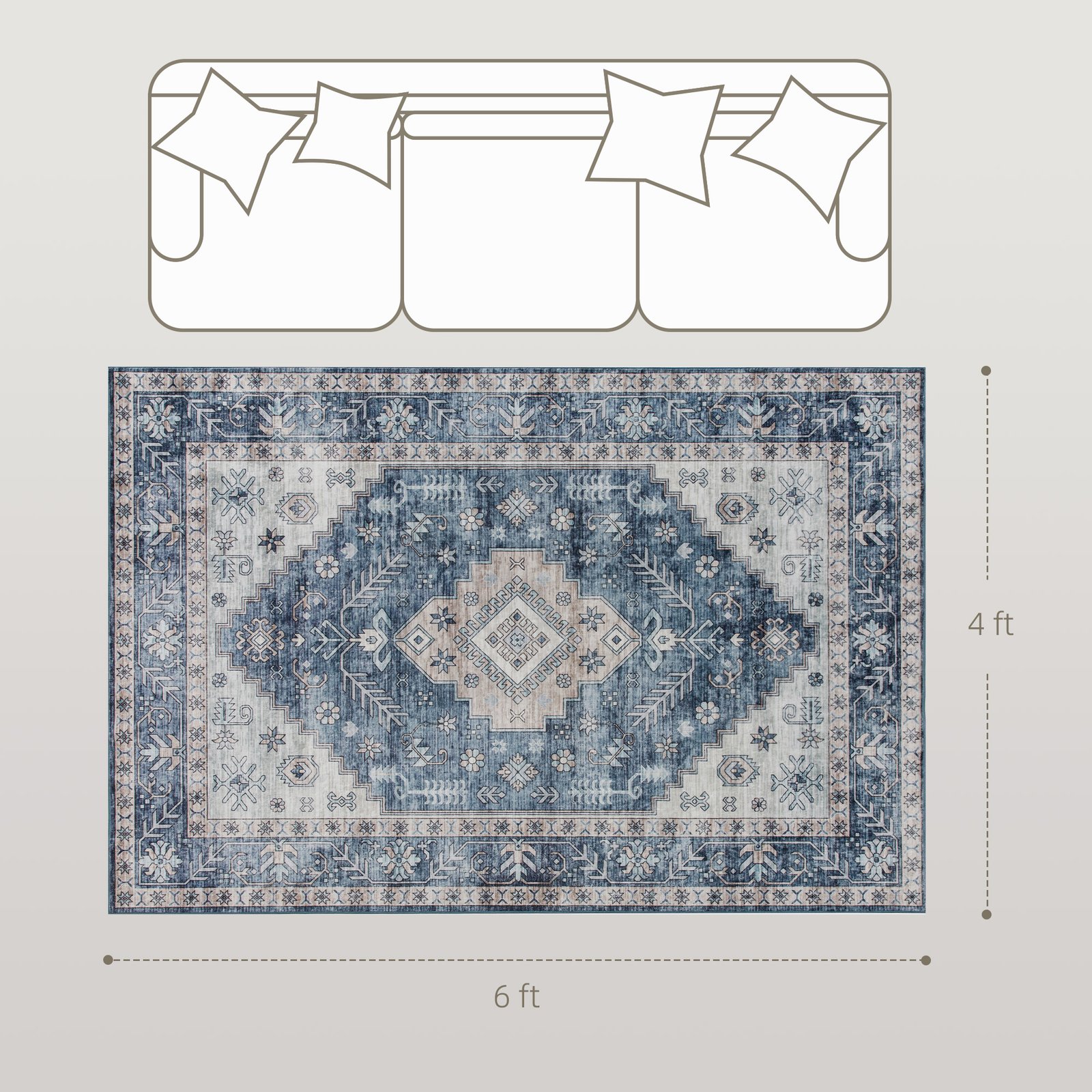 4x6 Area Rug, Vintage Washable Rug, Non-Slip Floor Carpet For Living Room, Bedroom, Dining Room, Blue - Image 4