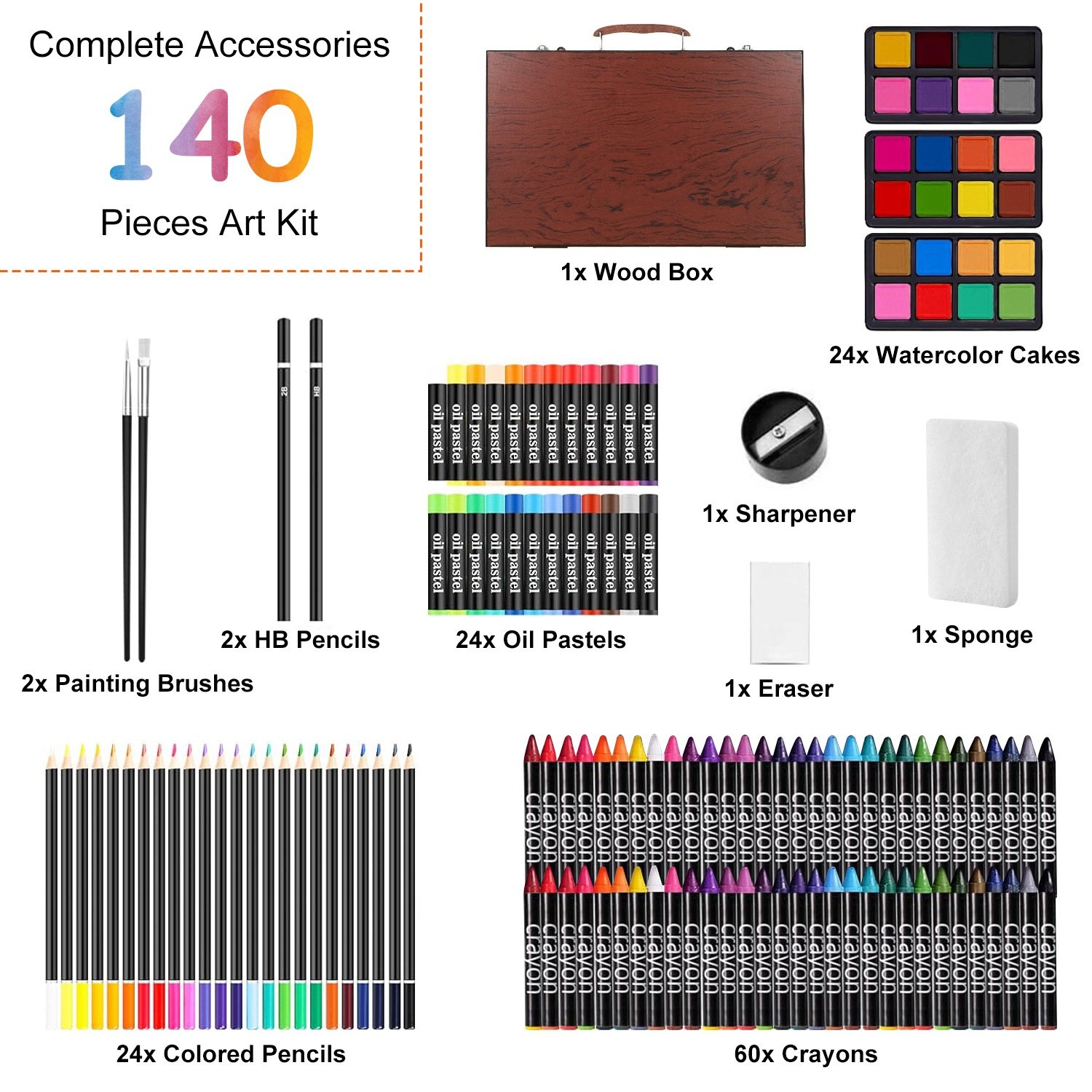 140Pcs Art Supplies With Colored Pencils Oil Pastels Crayons, Watercolor Cakes Brushes Sharpener Eraser In Elegant Wooden Box Professional Art Kit For Kids Adults Beginners Pros Office Supplies - Image 5