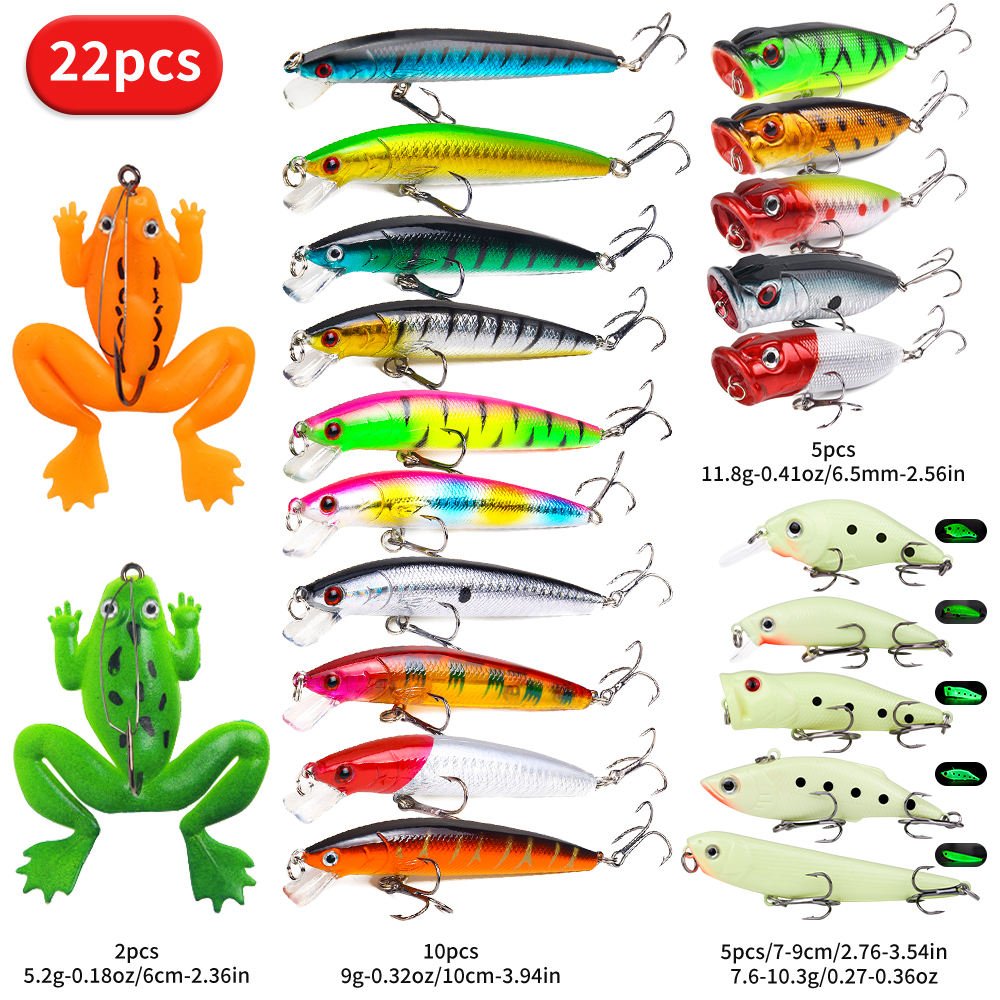 22-piece Set Hard Lure Soft Frog Popper Minnow Pencil VIB Luminous Bait Set Durable Hooks Realistic Action Ideal - Image 5