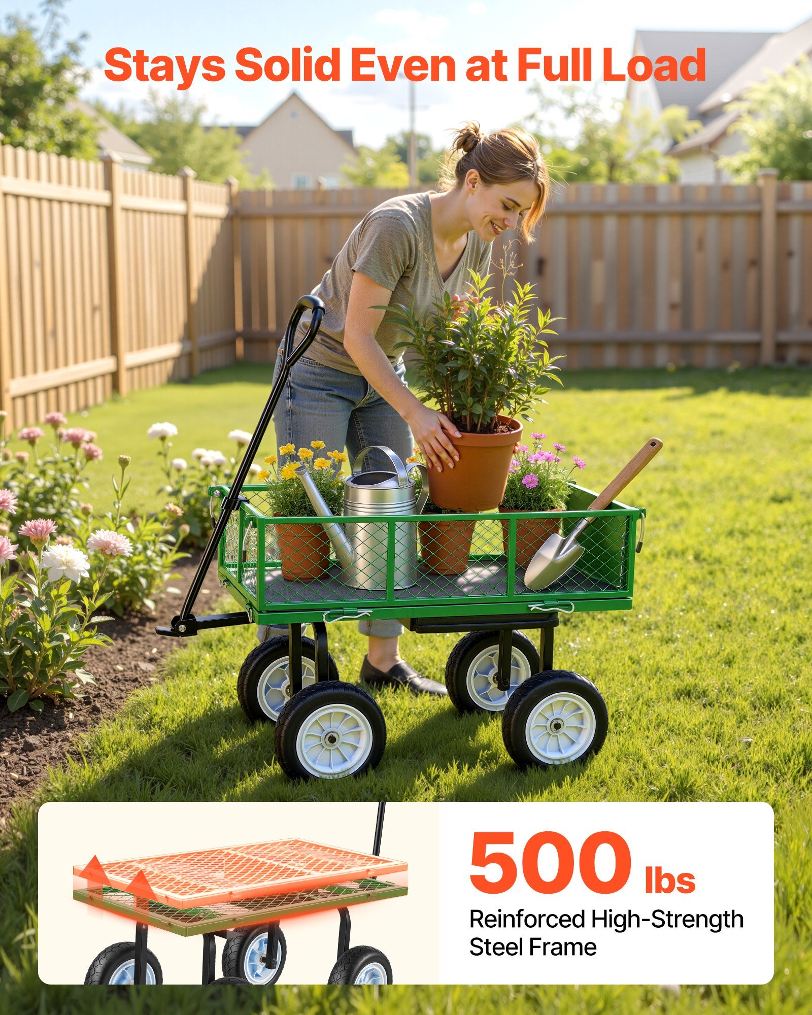 Garden Cart With Seat, 500 LBS, Rolling Steel Garden Work Seat With Wheels, Heavy Duty Gardening Stool, With Tool Tray & Adjustable Handle, Outdoor Yard Wagon, For Lawn, Patio, Backyard, Green - Image 2