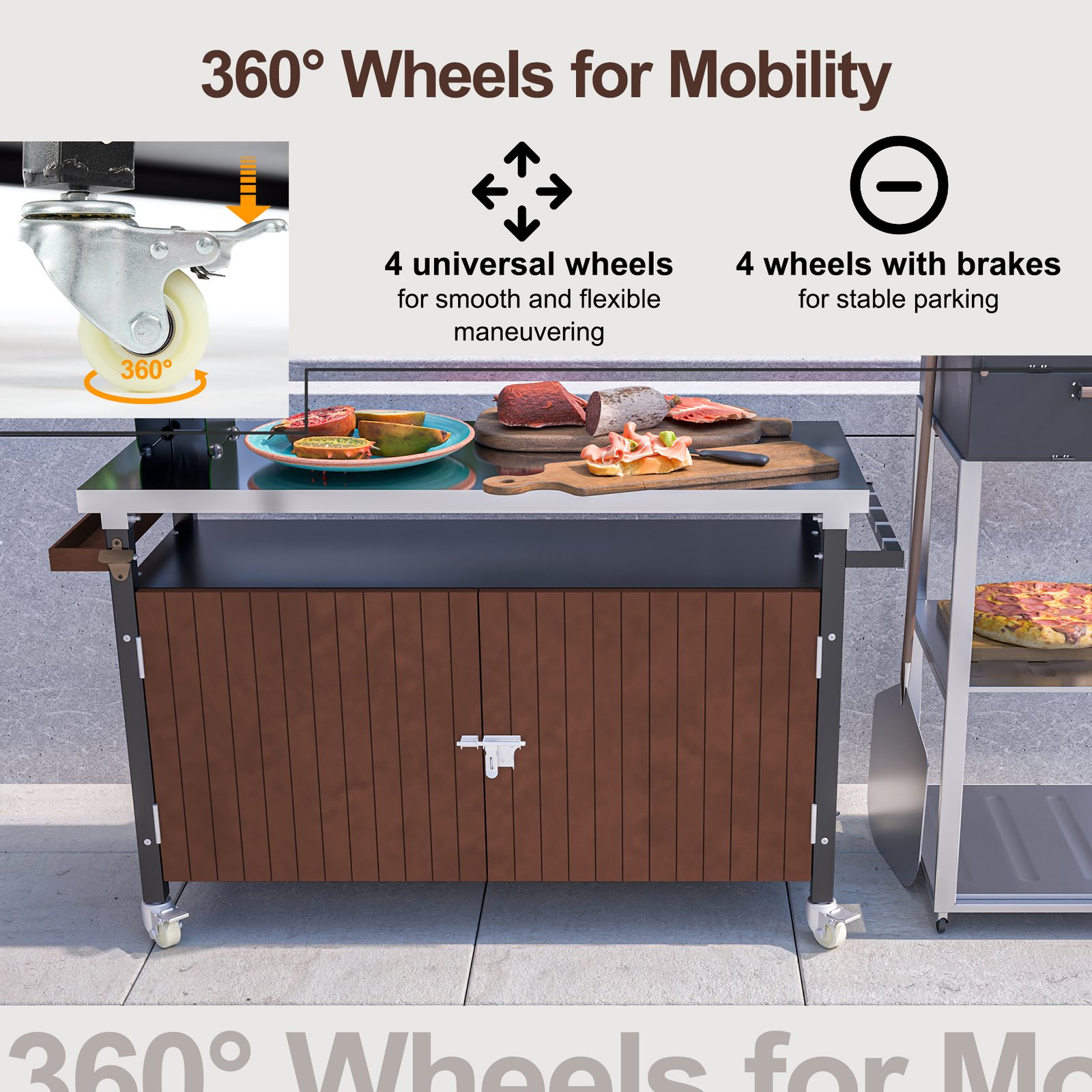 Outdoor Grill Cart With Stainless Steel Tabletop, Storage, Patio Kitchen Island With Wheels, Hooks, And Spice Rack, Waterproof Outdoor Grill Table, Movable BBQ Serving Cart Rolling Bar Cart - Image 7