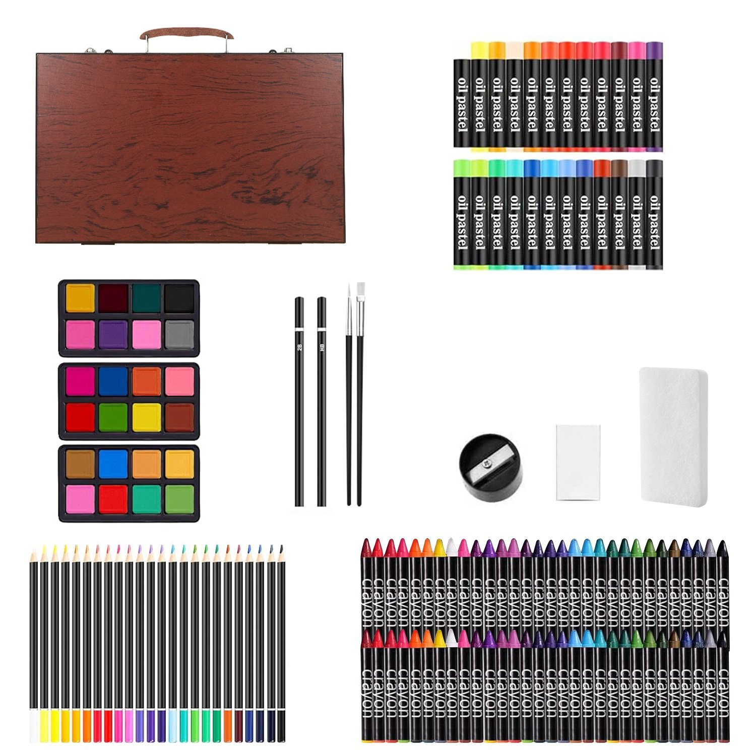140Pcs Art Supplies With Colored Pencils Oil Pastels Crayons, Watercolor Cakes Brushes Sharpener Eraser In Elegant Wooden Box Professional Art Kit For Kids Adults Beginners Pros Office Supplies - Image 10