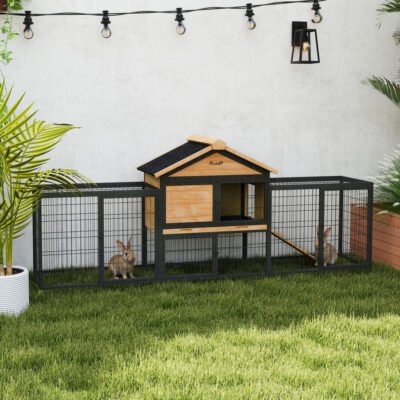 Wooden Rabbit Hutch Outdoor, 85" Large Bunny Cage With Steel Run, Removable Plastic Tray, Asphalt Roof, Ramp